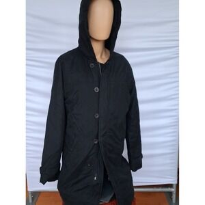 Sisley Mens Black Hooded Parka Jacket Mid Length Button Zip Coat Size Large